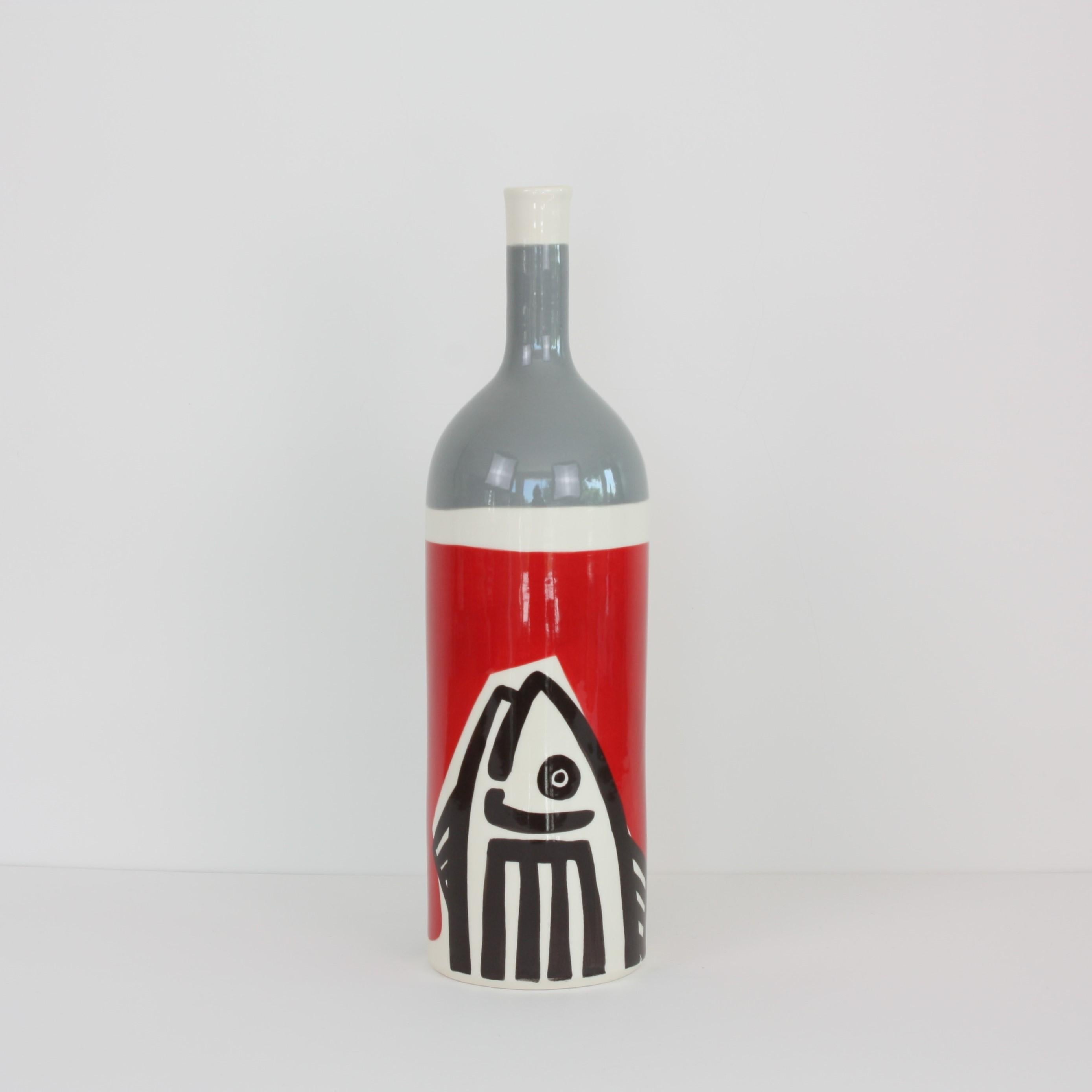 Modern Set of 3 Contemporary Ceramic Bottles with Nautical Motifs, Poisson
