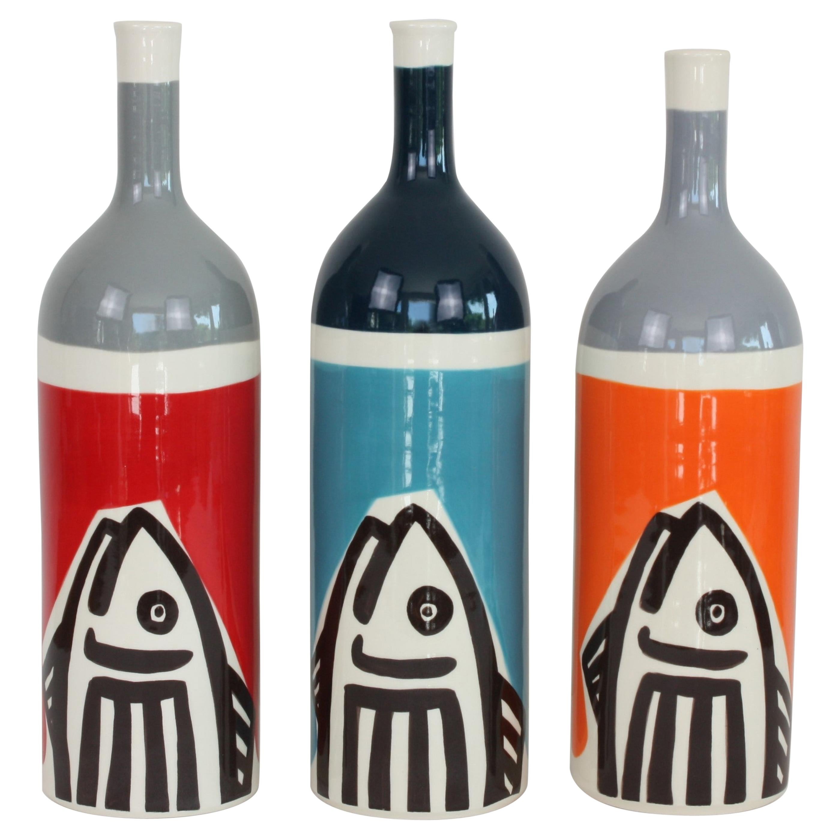 Set of 3 Contemporary Ceramic Bottles with Nautical Motifs, Poisson