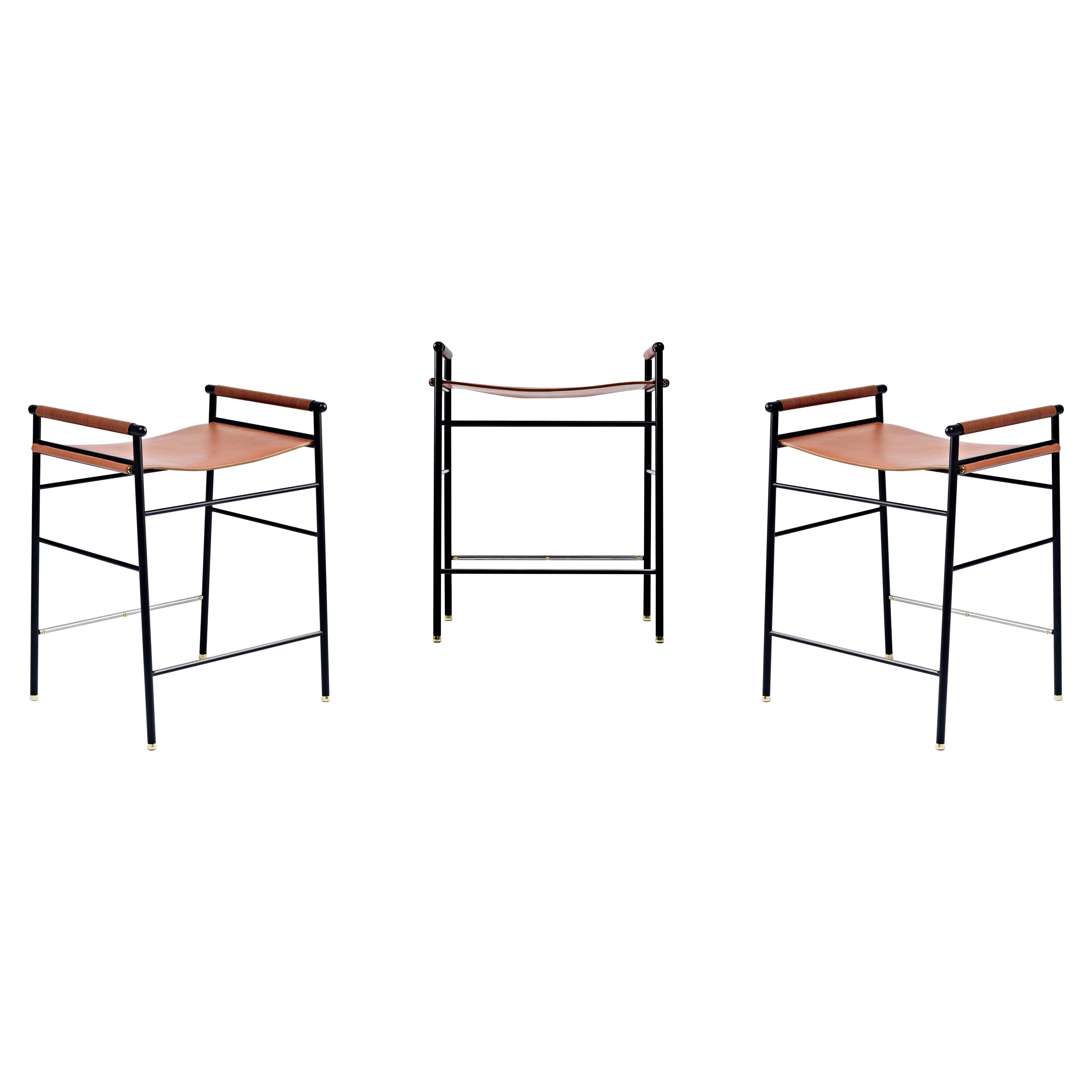 Set di 3 sgabelli da banco contemporanei in pelle naturale Tan, metallo nero gomma