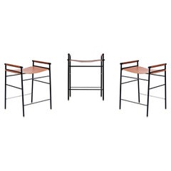 Set di 3 sgabelli da banco contemporanei in pelle naturale Tan, metallo nero gomma