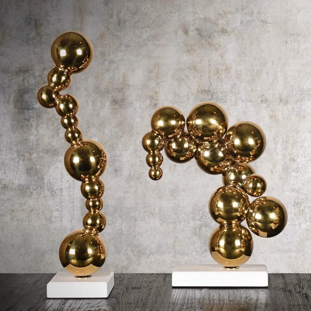 Organic Modern Set of 3 Contemporary Golden Bronze Bubble Sculptures on White Marble Bases For Sale