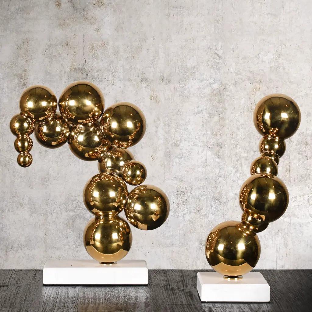 French Set of 3 Contemporary Golden Bronze Bubble Sculptures on White Marble Bases For Sale
