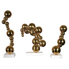 Set of 3 Contemporary Golden Bronze Bubble Sculptures on White Marble Bases