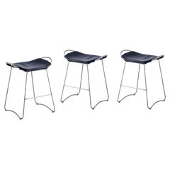 Set di 3 sgabelli da bancone da cucina contemporanei Metallo nero, Pelle blu navy