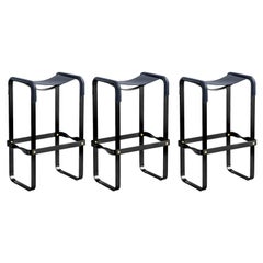 Set of 3 Contemporary Modern Bar Stool Black Smoke Metal & Navy Blue Leather