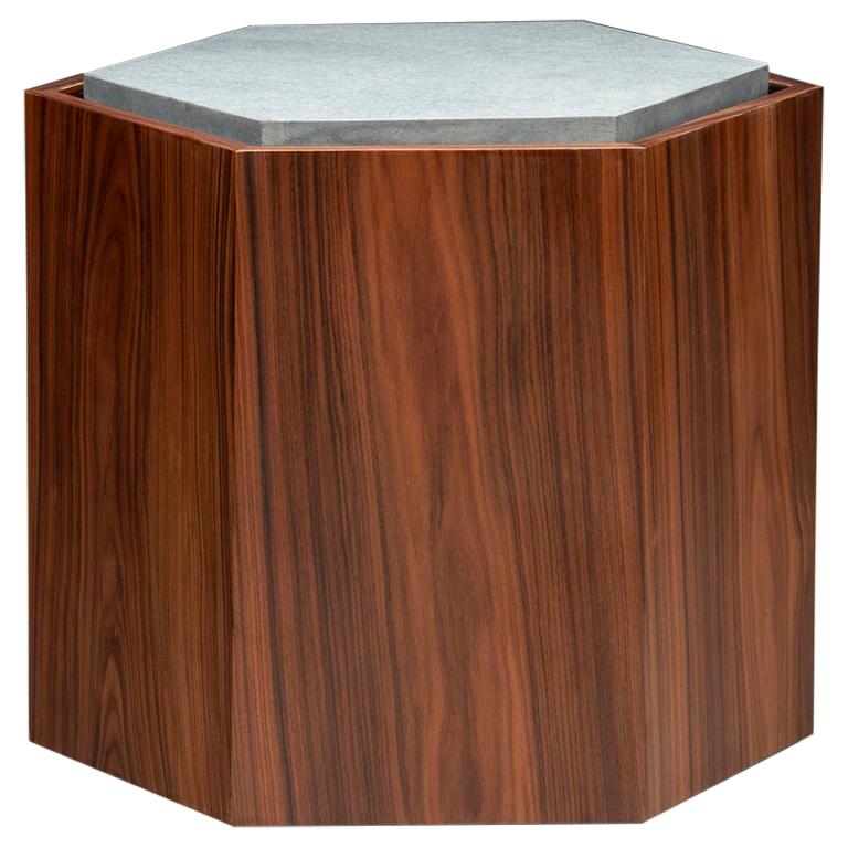 Set of 5 contemporary low tables in walnut veneer and levigated soapstone top with the stone's base in velvet. It can be used as a stool as well. Can come with wheels. You can use as a set or individual. The individual size is 15.7