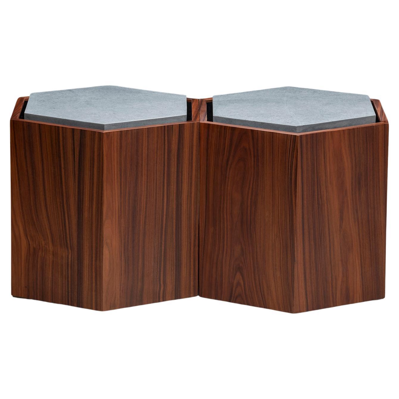 Modularer Beistell- oder Mitteltisch (oder Hocker) aus Holz und Stein, 3er-Set  im Angebot