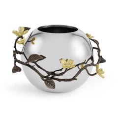 Set of 3 Contemporary Silver Metal Dogwood Vase with Gold Detail