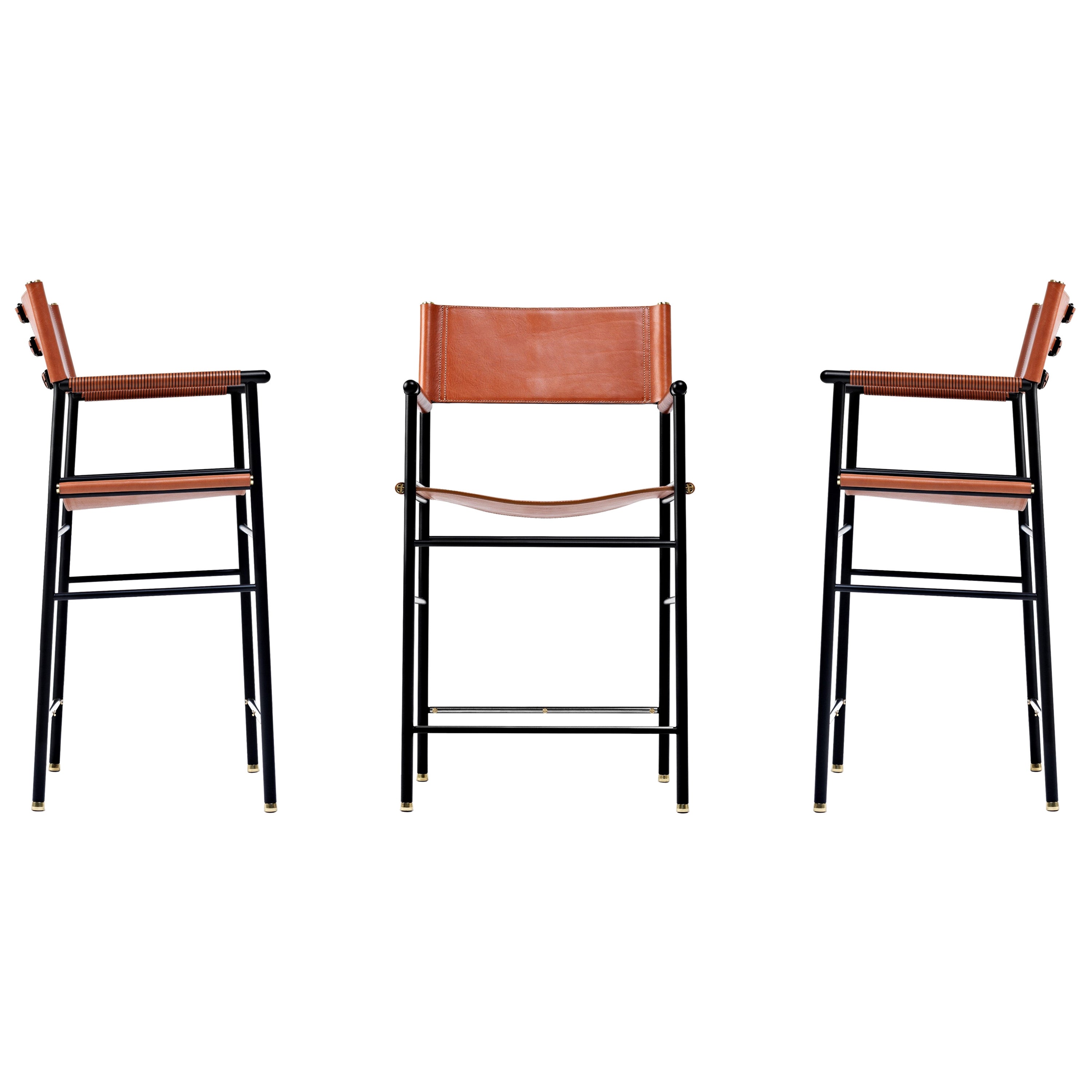 Set di 3 sgabelli da banco con schienale in metallo naturale Tan Saddle e gomma nera