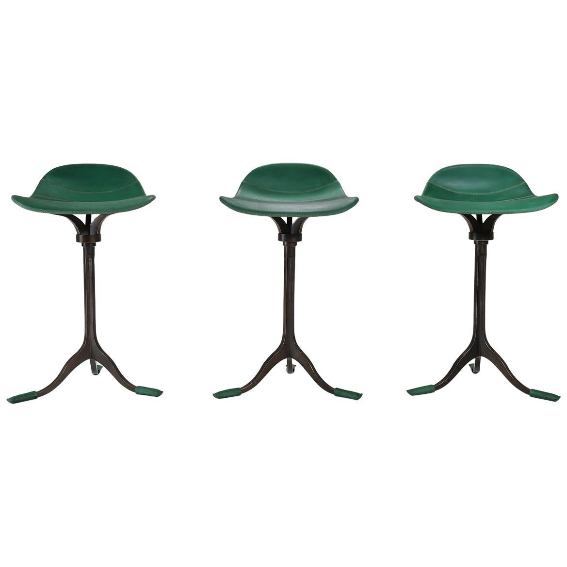 Set of 3 Counter-Height Swivel Stools, Leather, Brass by P. Tendercool For Sale