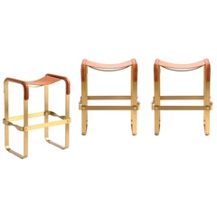 Set of 3 Counter Stool Contemporary Design, Aged Brass & Natural Tobacco Leather