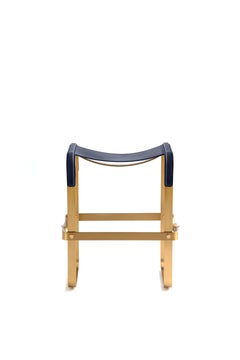 Set of 3 Contemporary Counter Bar Stool Aged Brass Metal & Navy Blue Leather