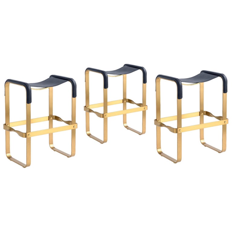 Set of 3 Contemporary Counter Bar Stool Aged Brass Metal and Navy Blue
