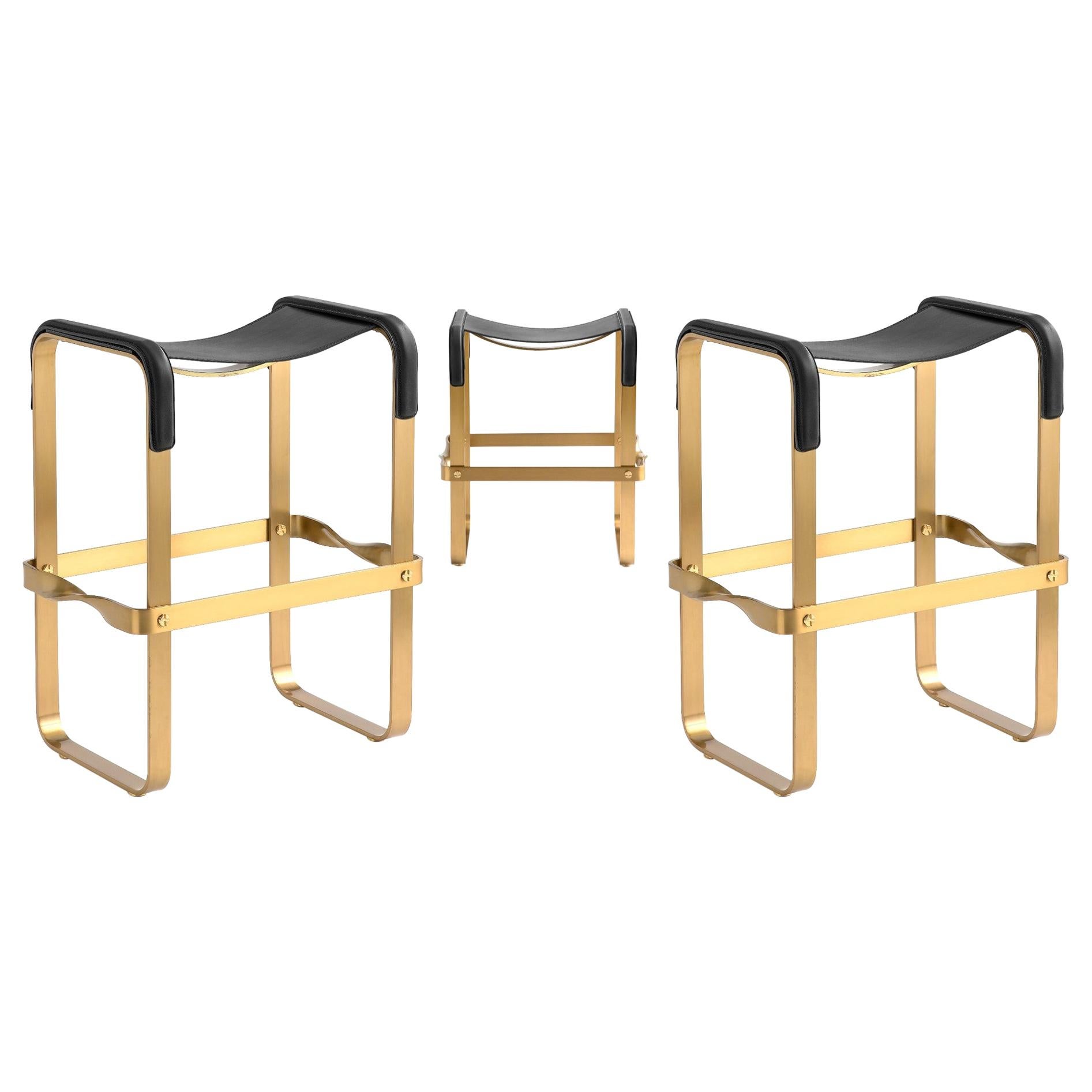 Set of 3 Classic Contemporary Counter Bar Stool Aged Brass Metal & Black Leather