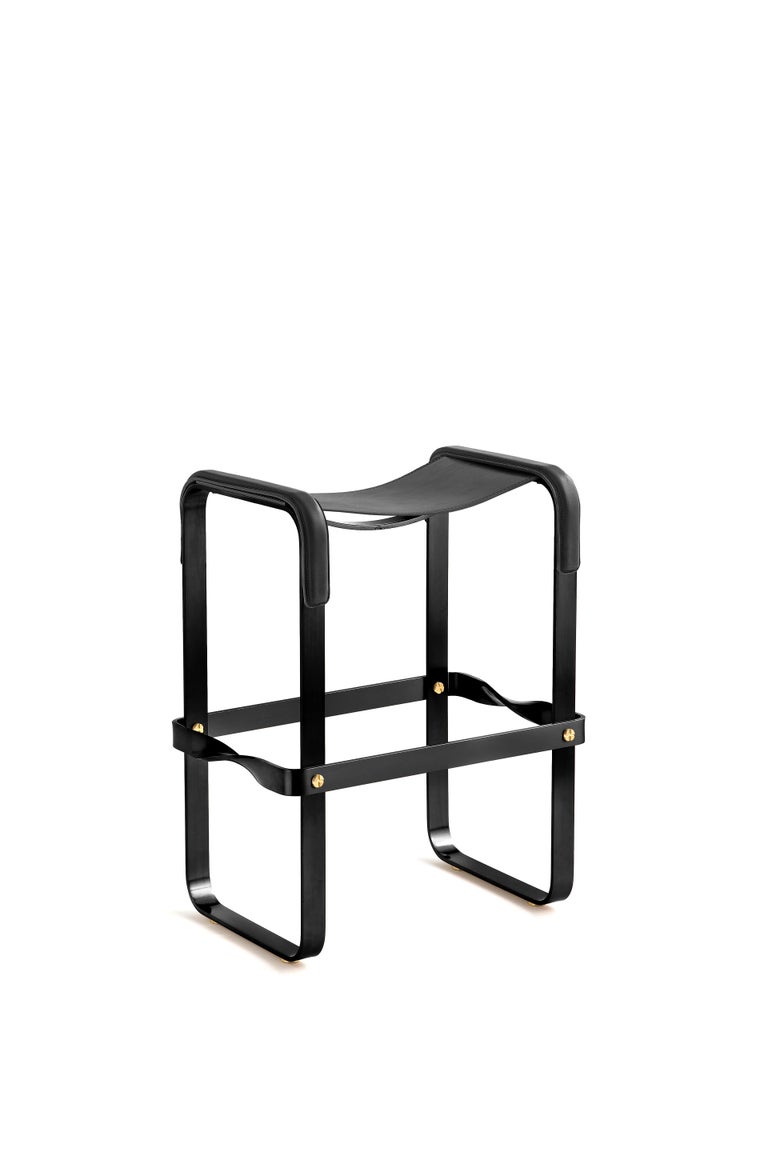 Set of 3 Counter Stool, Contemporary Design, Black Steel and Black