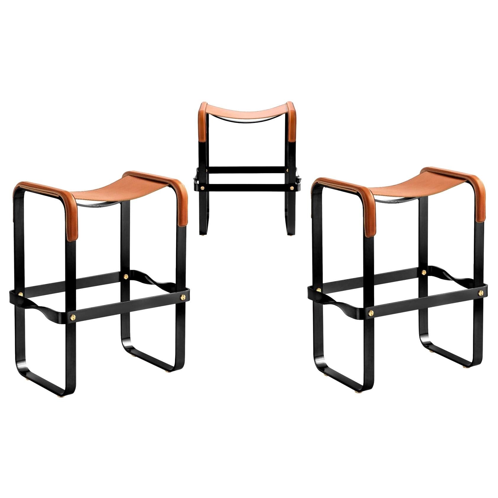 Set of 3 Contemporary Counter Bar Stool Black Metal & Tobacco Leather