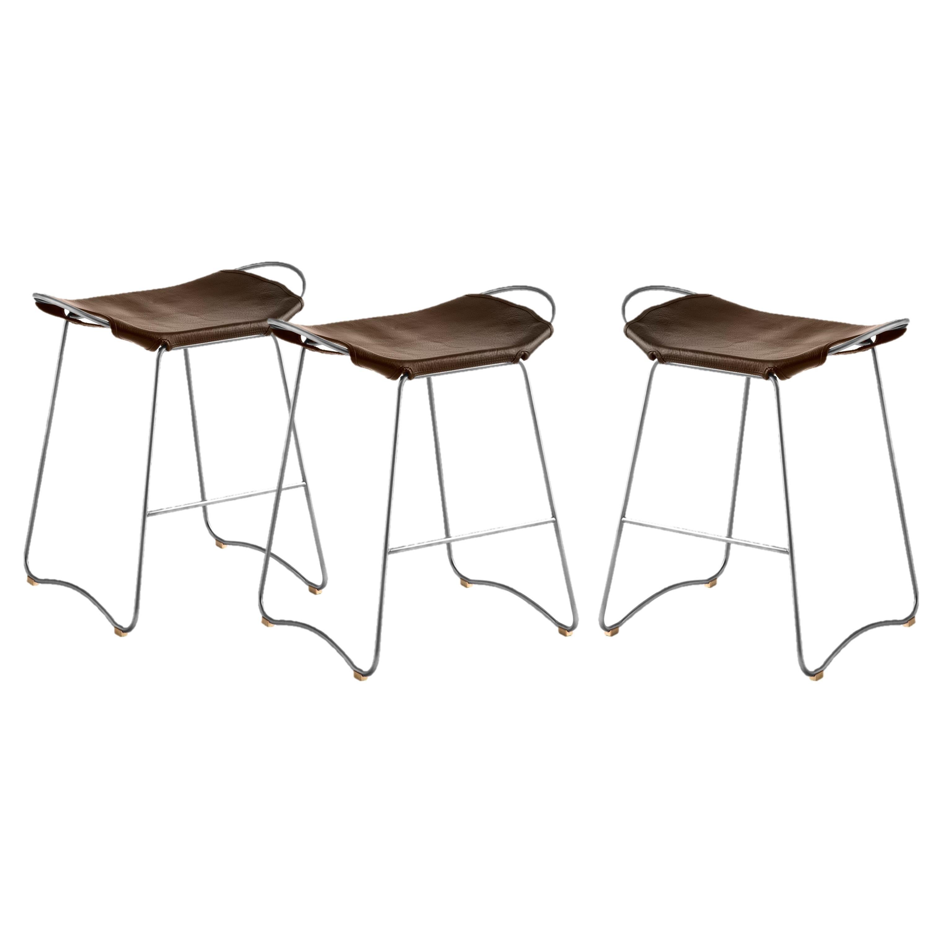 Set of 3 Contemporary Counter Bar Stool Old Silver Metal & Dark Brown Leather For Sale