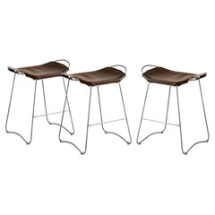 Set of 3 Counter Stool Old Silver Steel & Dark Brown Leather, Contemporary