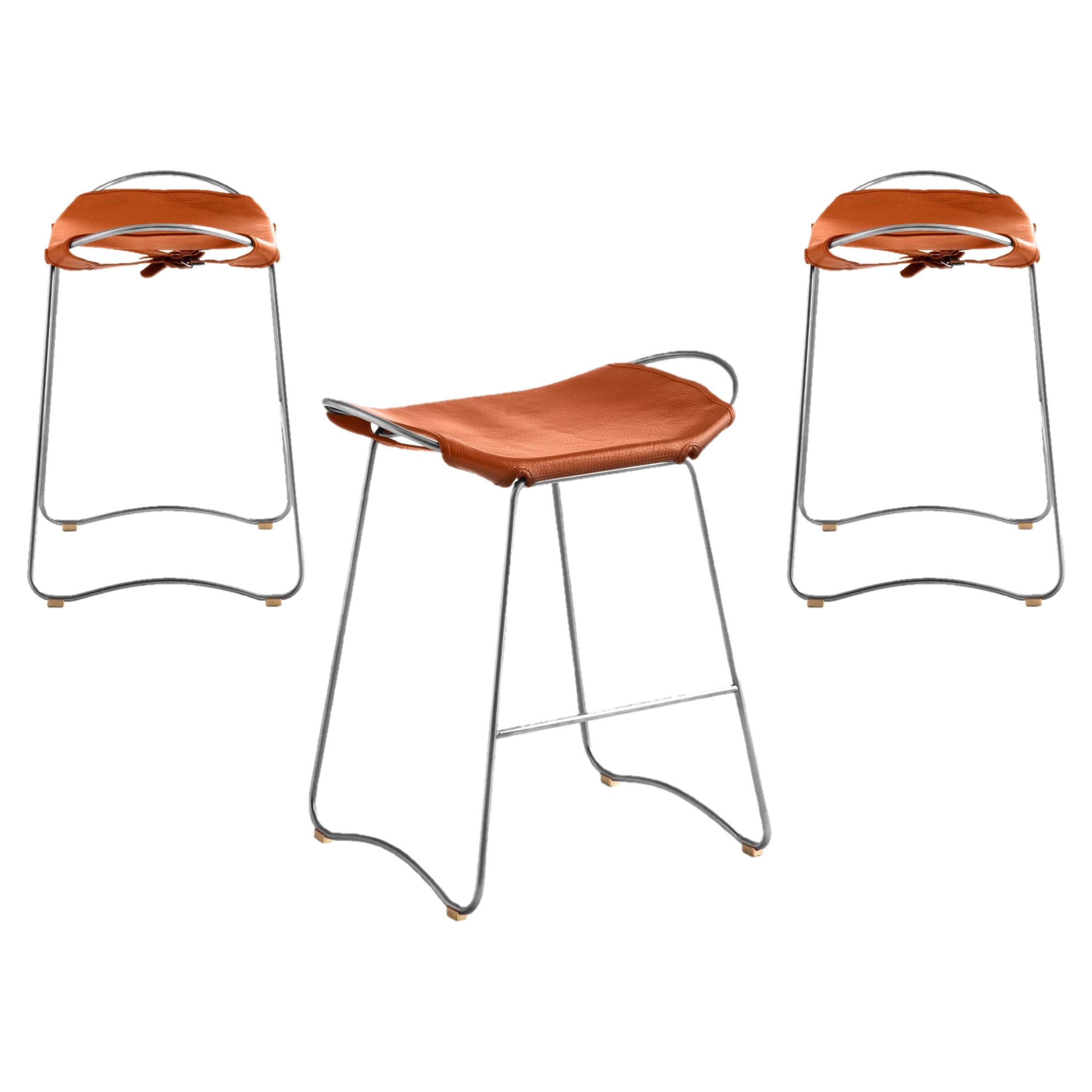 3er Set Contemporary Counter Stool Old Silver Steel & Natural Tobacco Leather