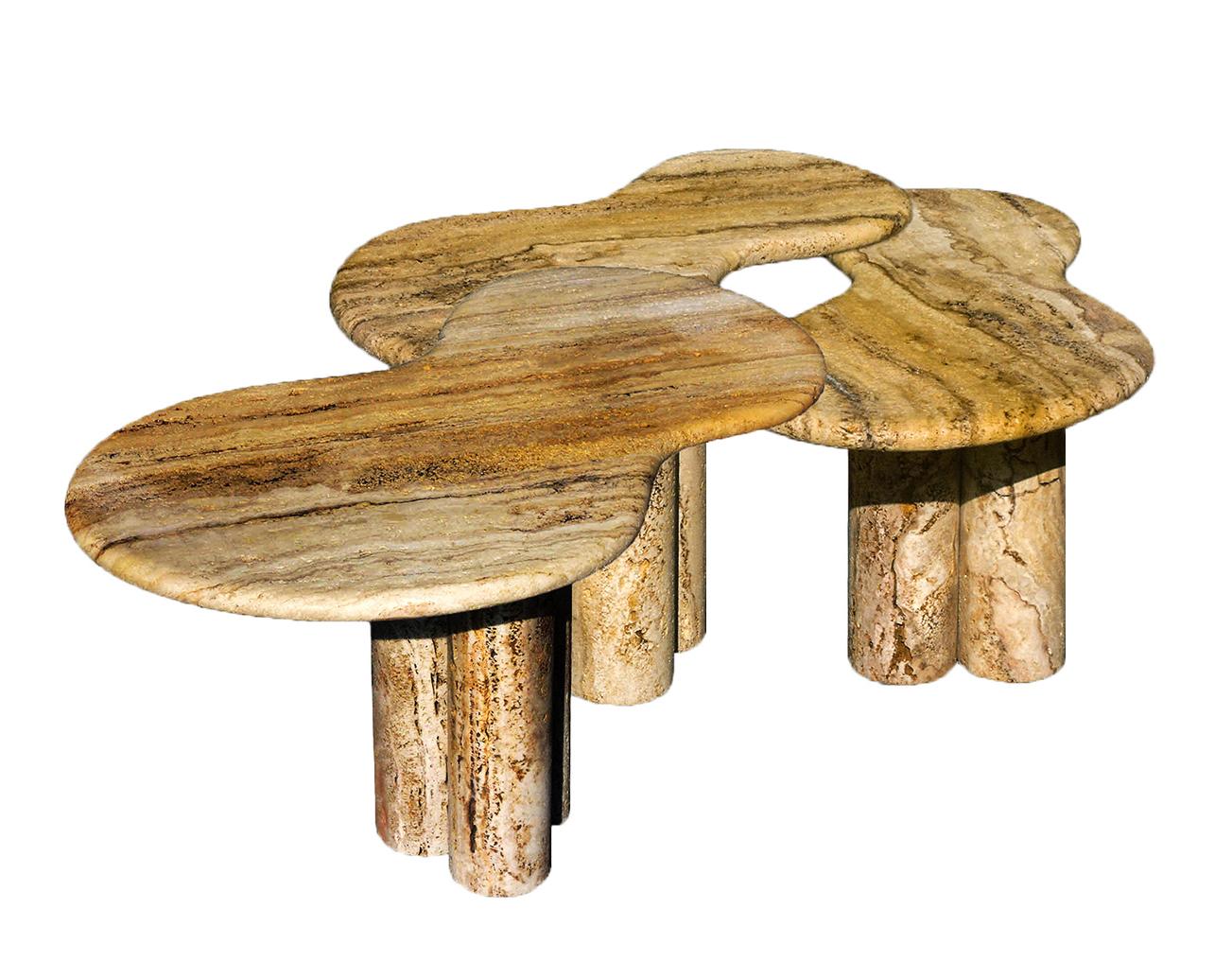 Set of 3 Covertinos nest coffee tables by Jean-Fréderic Bourdier
Dimensions: D 75 x W 45 x H 42.5 cm
D 59 x W 35 x H 37.5 cm
D 59 x W 35 x H 32.5 cm
Materials: Travertine.

Mostly guided by his sculptor skills JFB and his life time strong