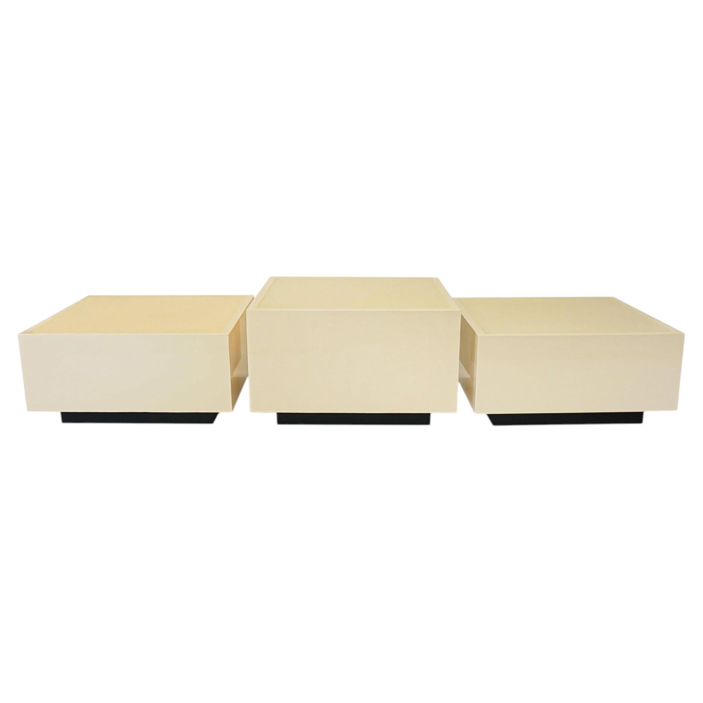 Set of 3 Cream Lacquered Cube Cocktail Tables, Customizable For Sale