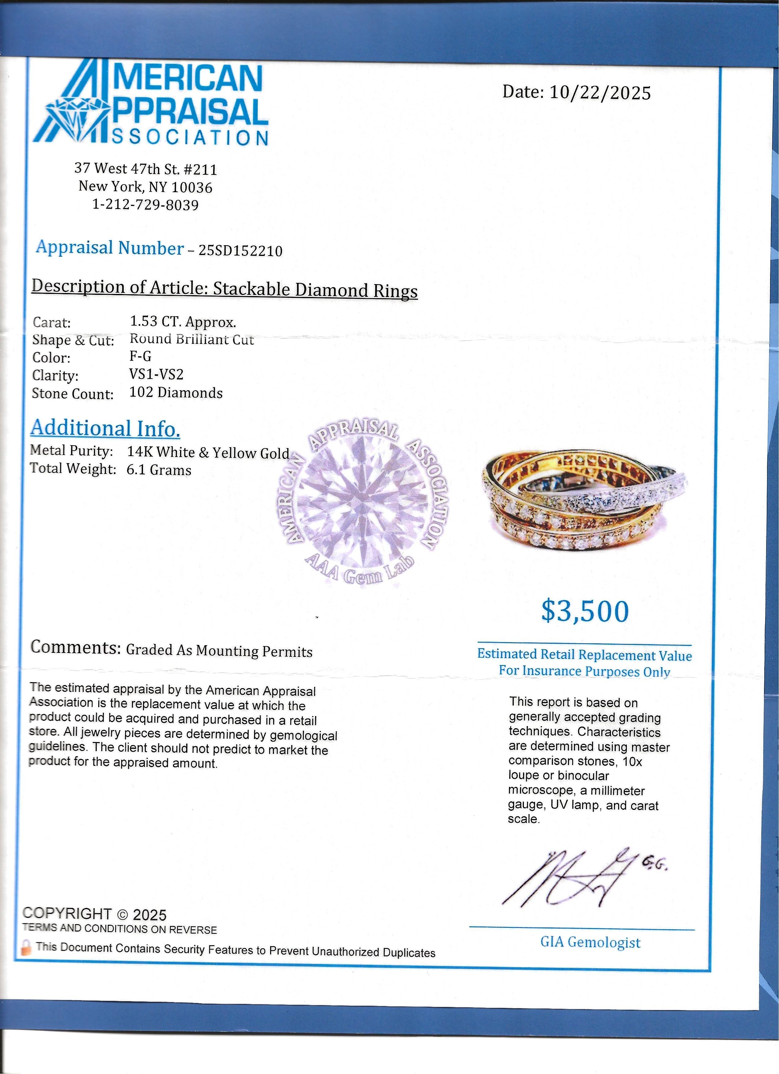 Set of 3 Criss Cross Pavé Diamond Stacking Rings in Two Tone 14 Karat Gold im Angebot 5