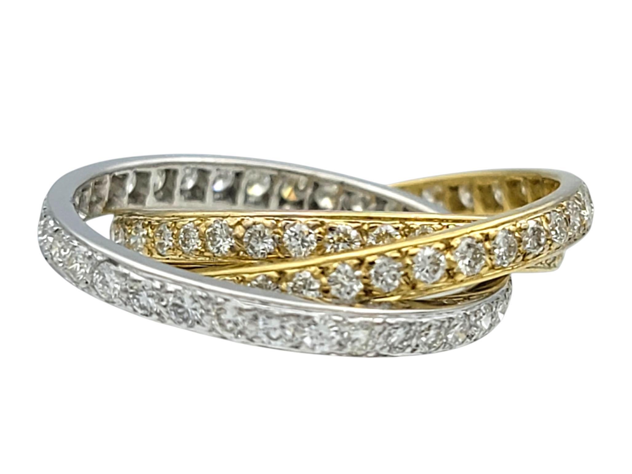Set of 3 Criss Cross Pavé Diamond Stacking Rings in Two Tone 14 Karat Gold (Brillantschliff) im Angebot