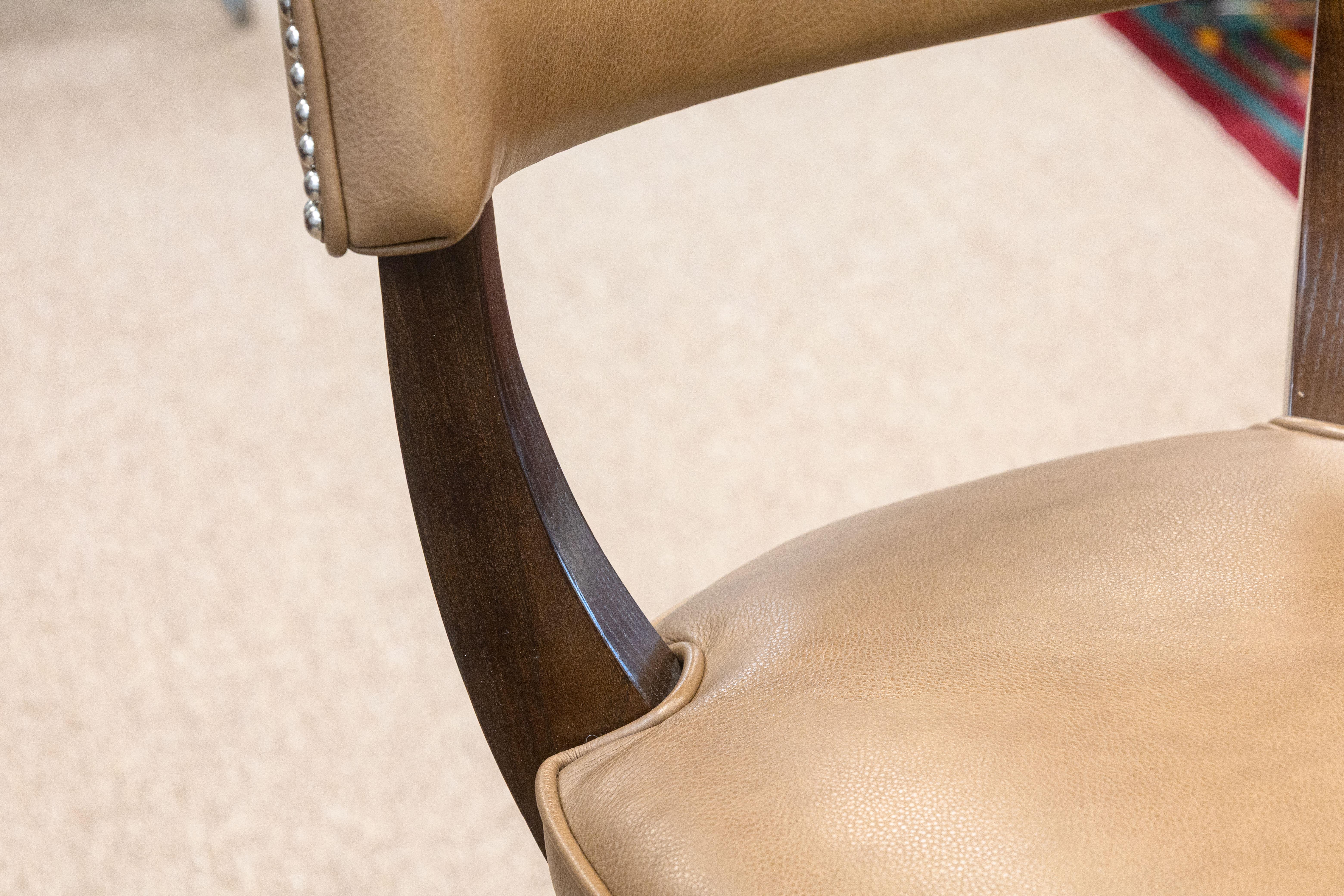 Modern Set of 3 Custom Made Richard Ross Designs Brown Leather and Wood Barstools For Sale