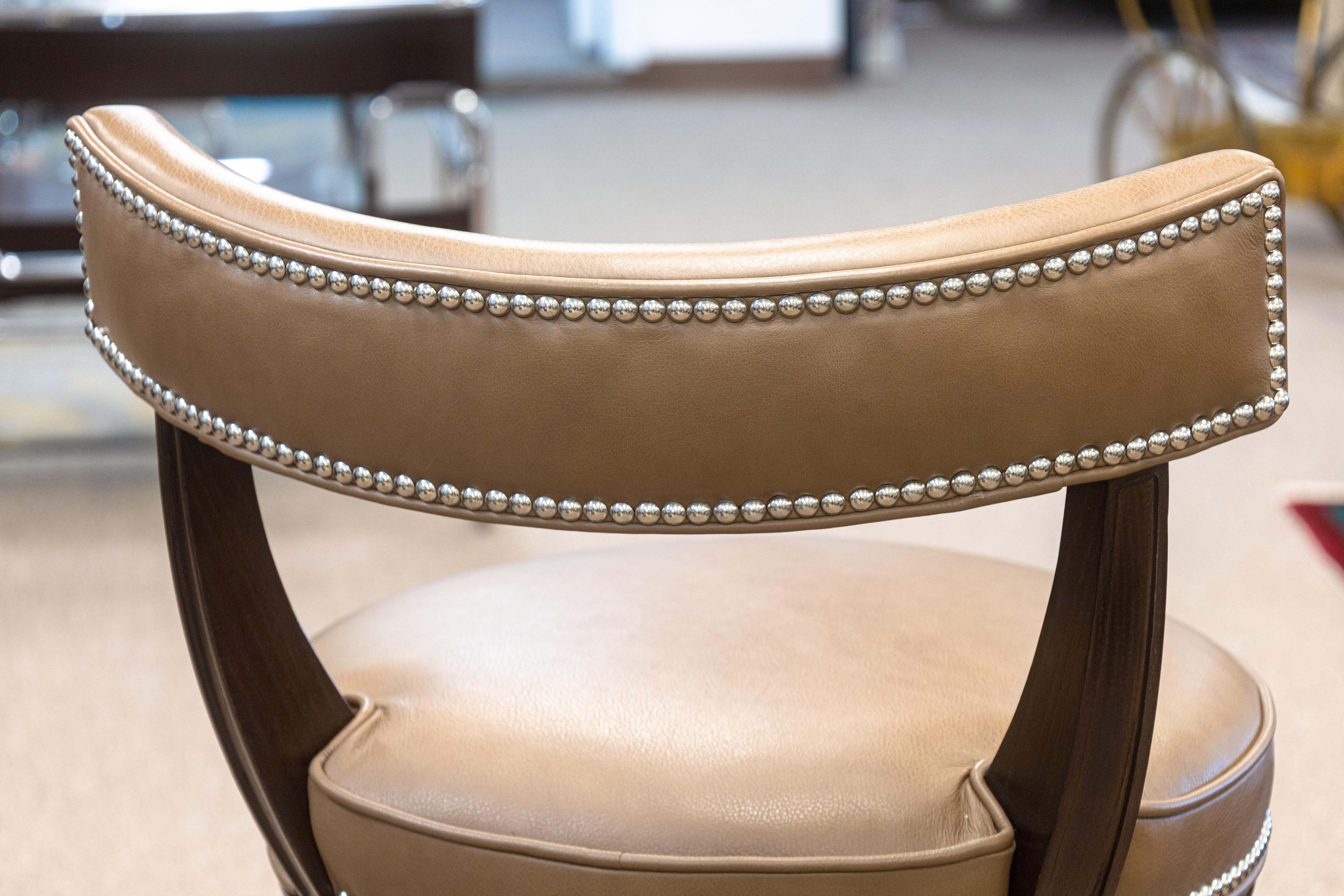 American Set of 3 Custom Made Richard Ross Designs Brown Leather and Wood Barstools For Sale