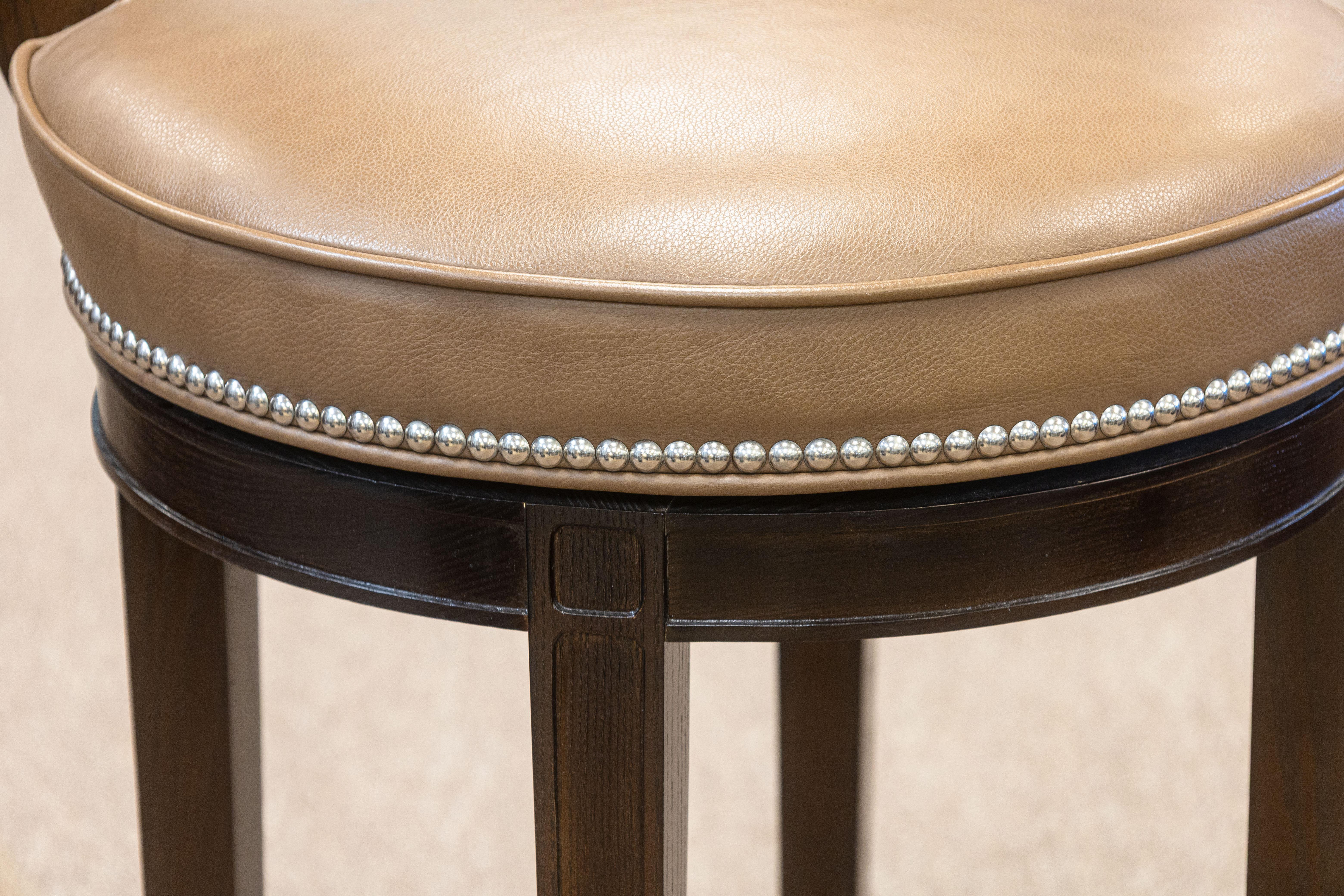 Set of 3 Custom Made Richard Ross Designs Brown Leather and Wood Barstools In Good Condition For Sale In Keego Harbor, MI