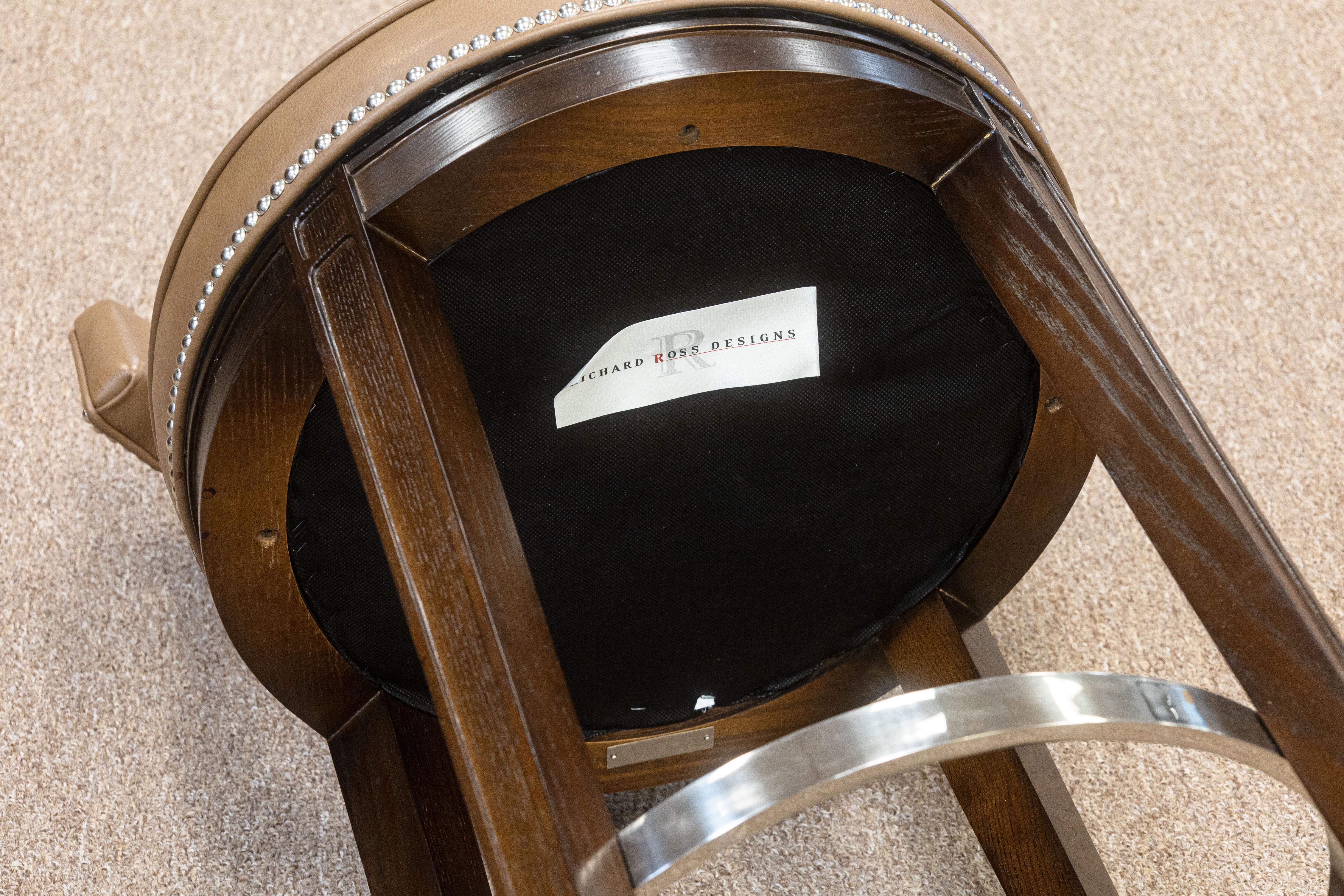 Set of 3 Custom Made Richard Ross Designs Brown Leather and Wood Barstools For Sale 1