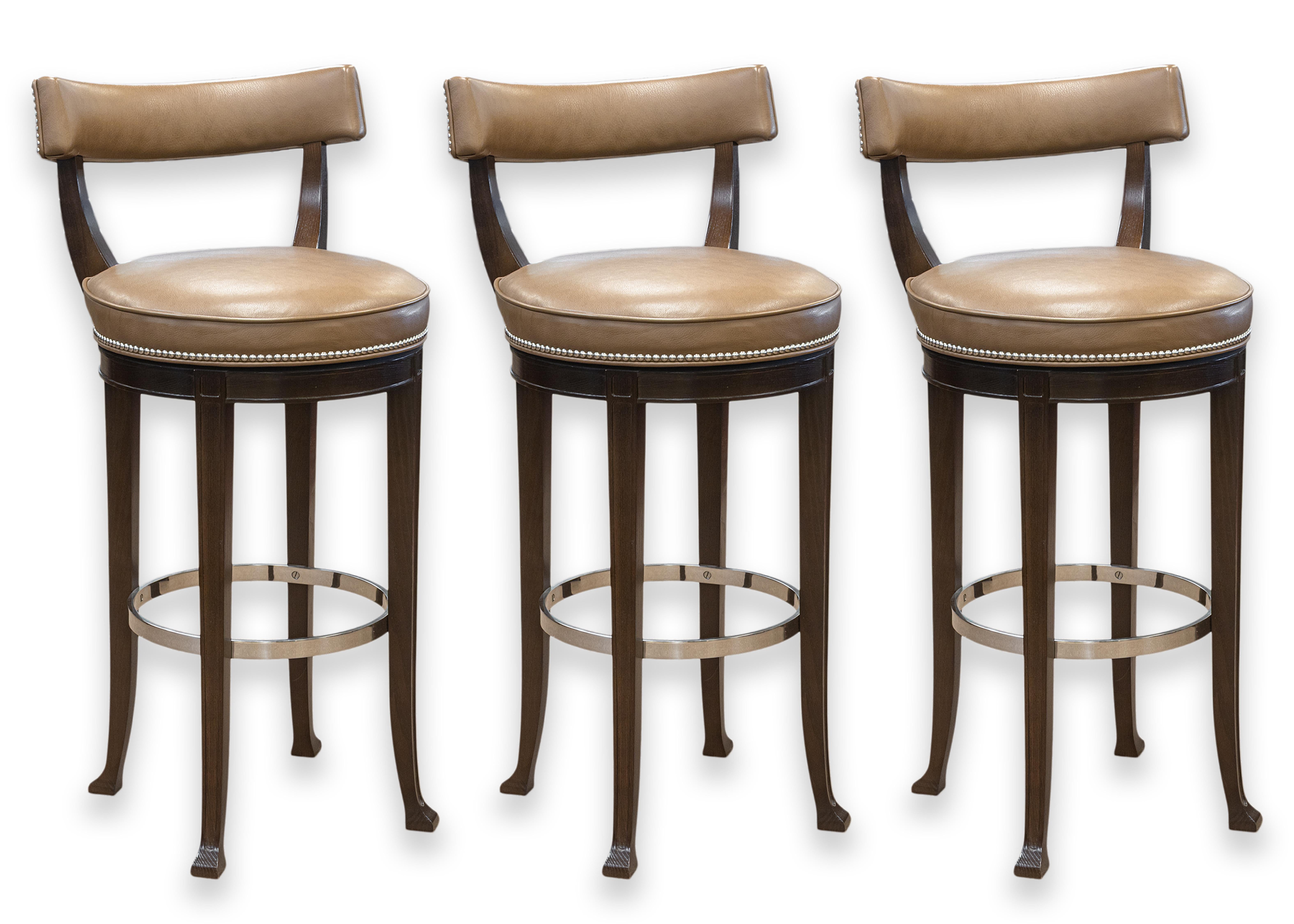 Set of 3 Custom Made Richard Ross Designs Brown Leather and Wood Barstools For Sale 3