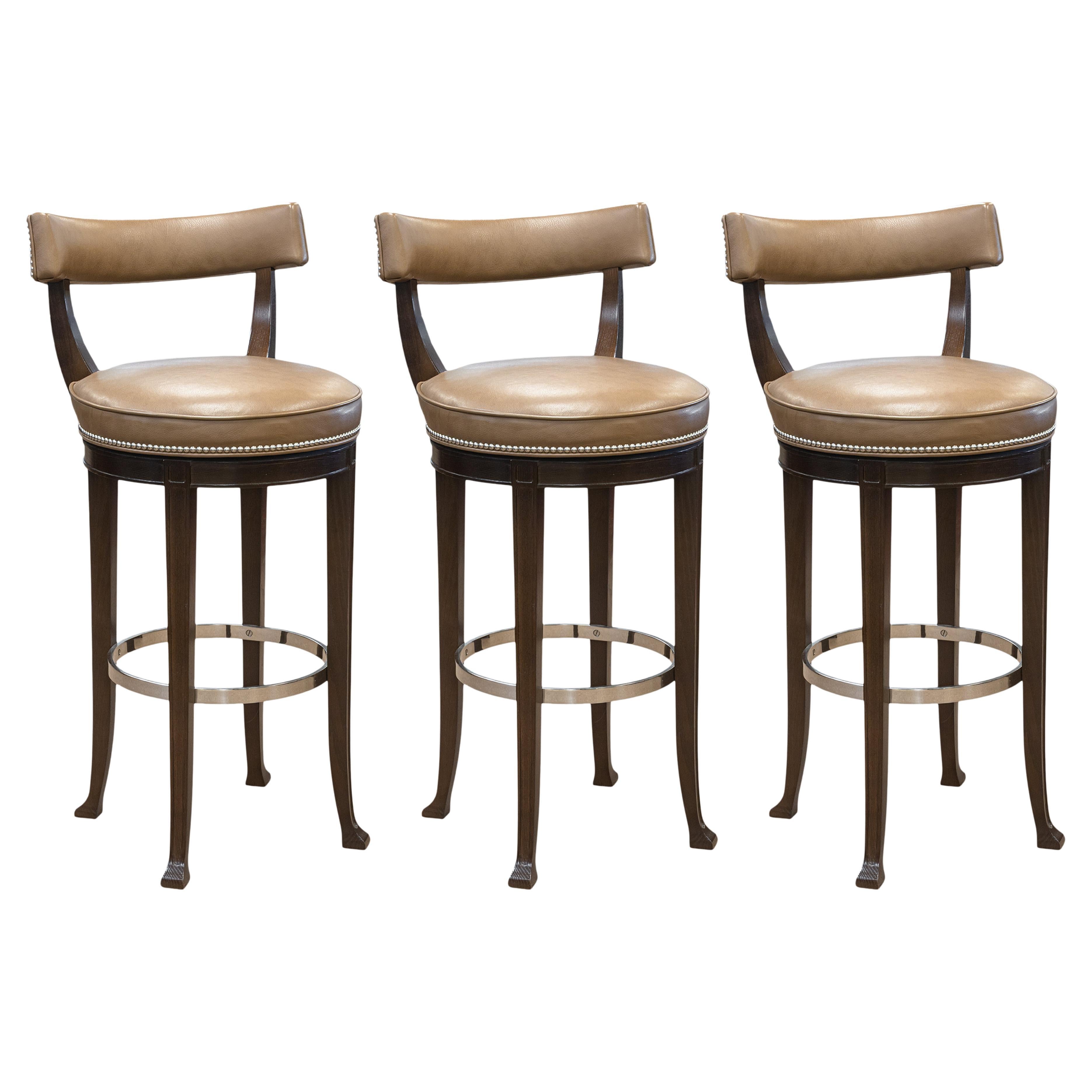 Set of 3 Custom Made Richard Ross Designs Brown Leather and Wood Barstools For Sale