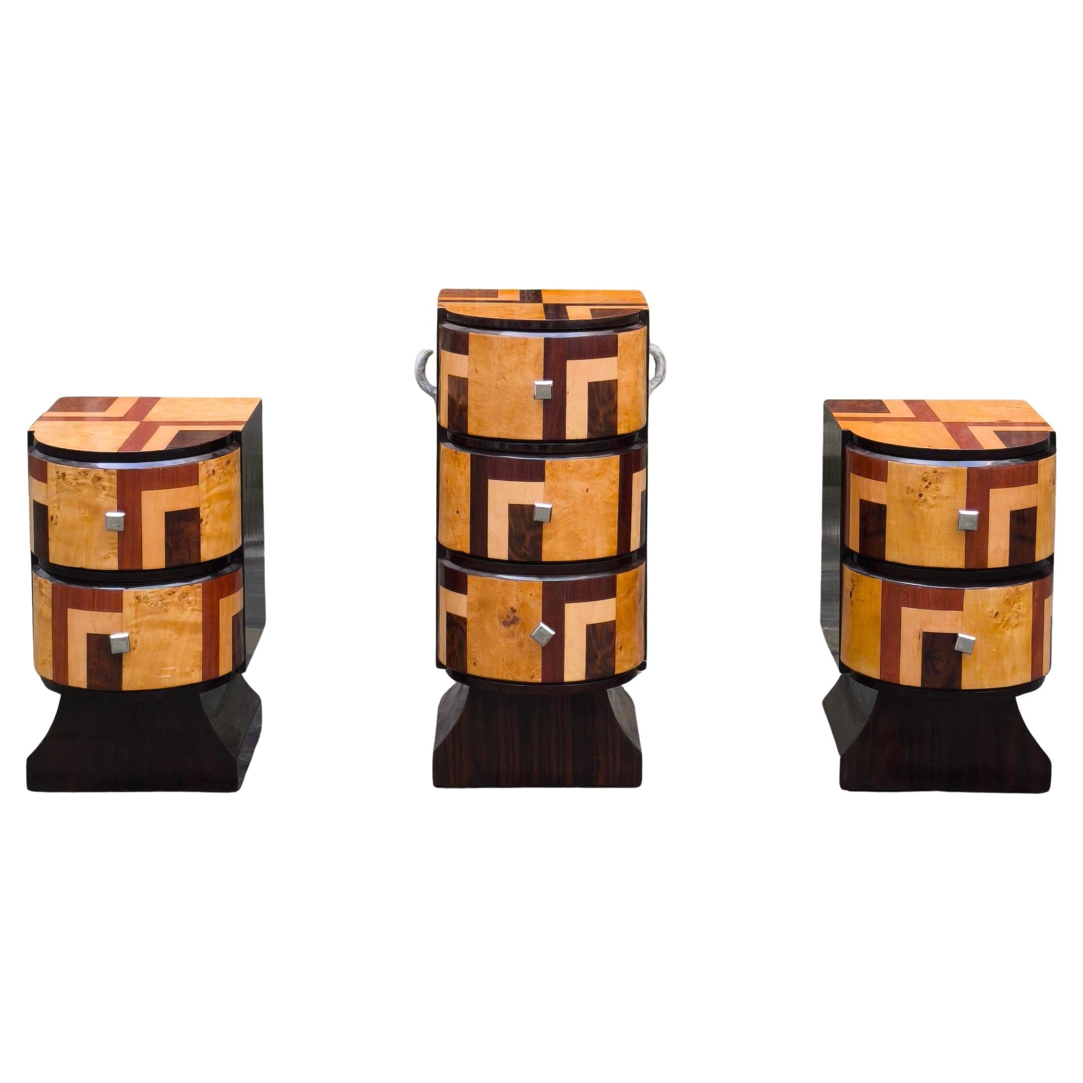 Set of 3 cylindrical, lacquered, Art Deco style wooden chests of drawers, 1930s For Sale