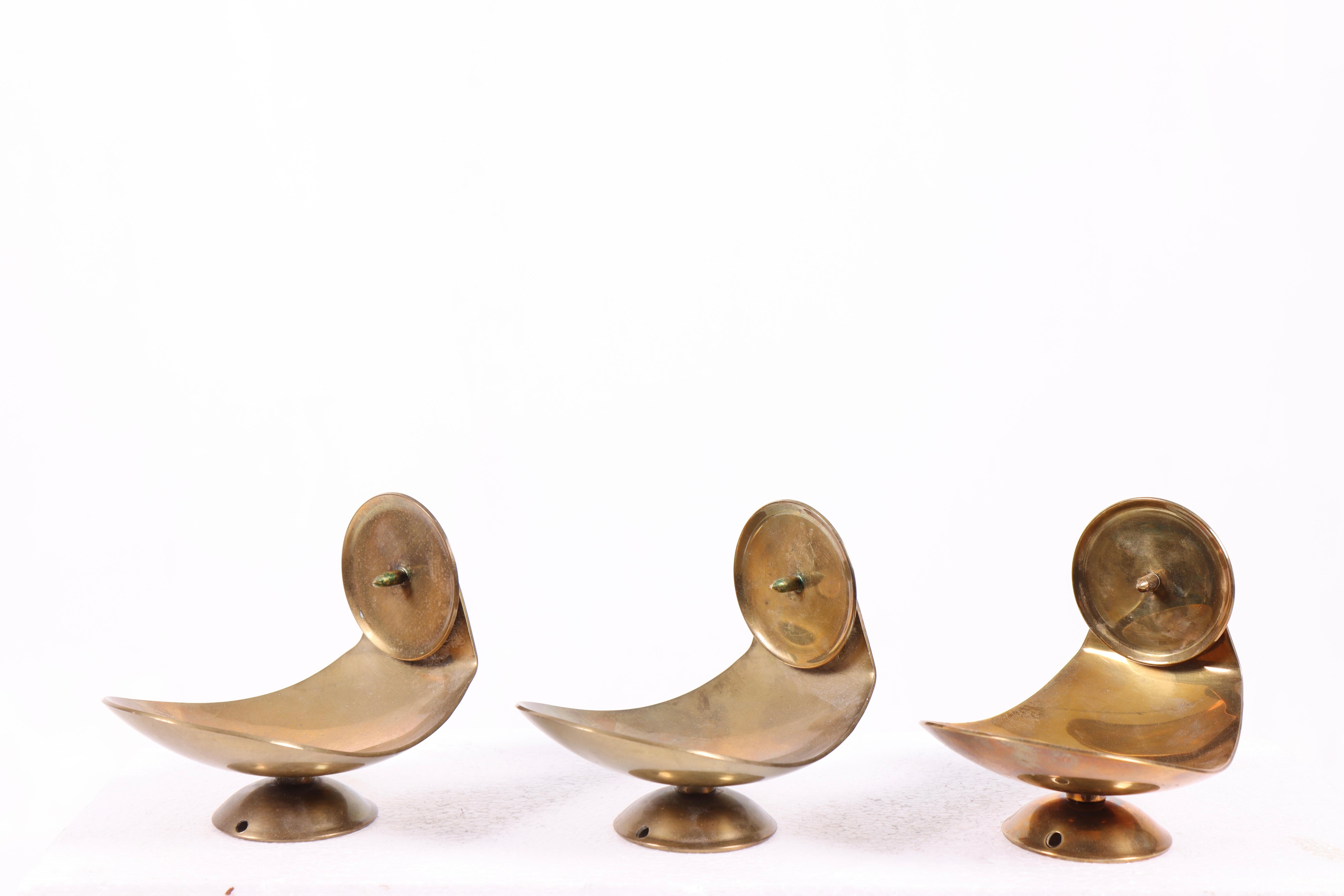 Scandinavian Modern Set of 3 Danish Brass Wall Candle Holders, 1950s For Sale