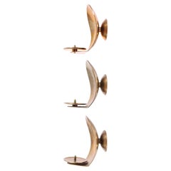 Set of 3 Danish Brass Wall Candle Holders, 1950s
