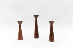 Set of 3 Danish Candlesticks, Solid Turned Rosewood, Denmark, 1950s