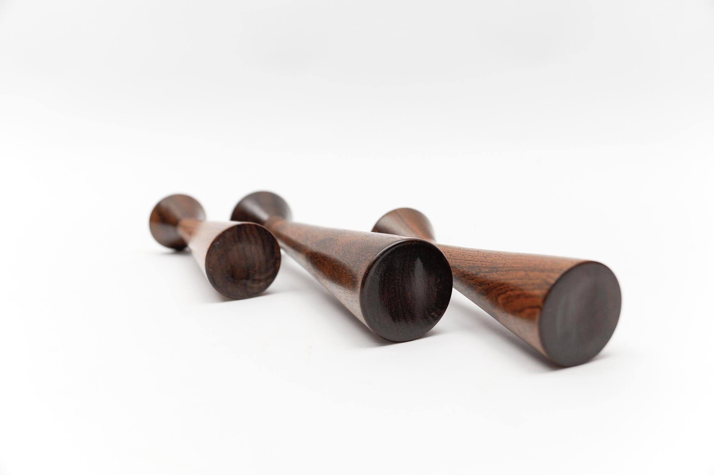Mid-20th Century Set of 3 Danish Candlesticks, Solid Turned Rosewood, Denmark, 1950s For Sale