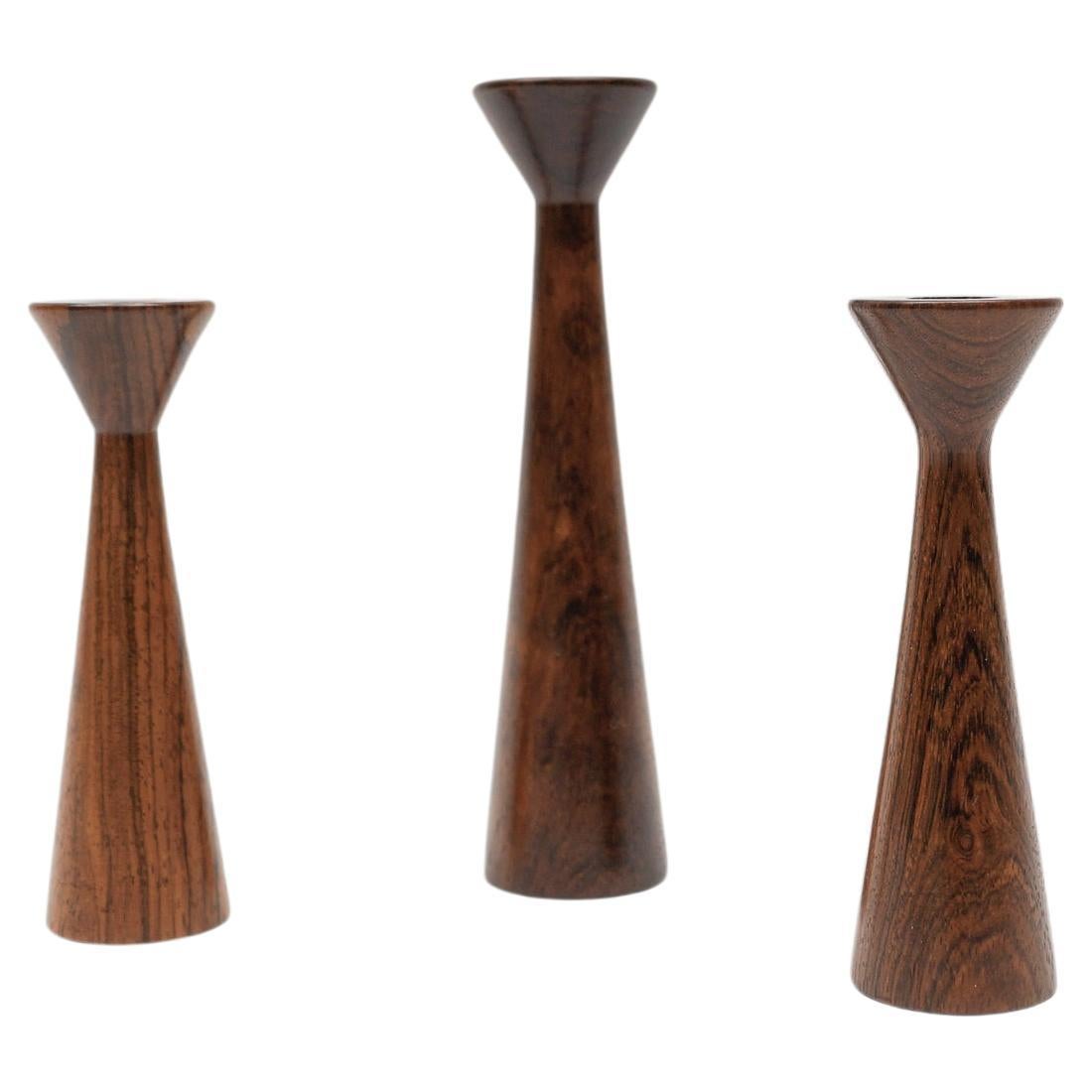 Set of 3 Danish Candlesticks, Solid Turned Rosewood, Denmark, 1950s For Sale