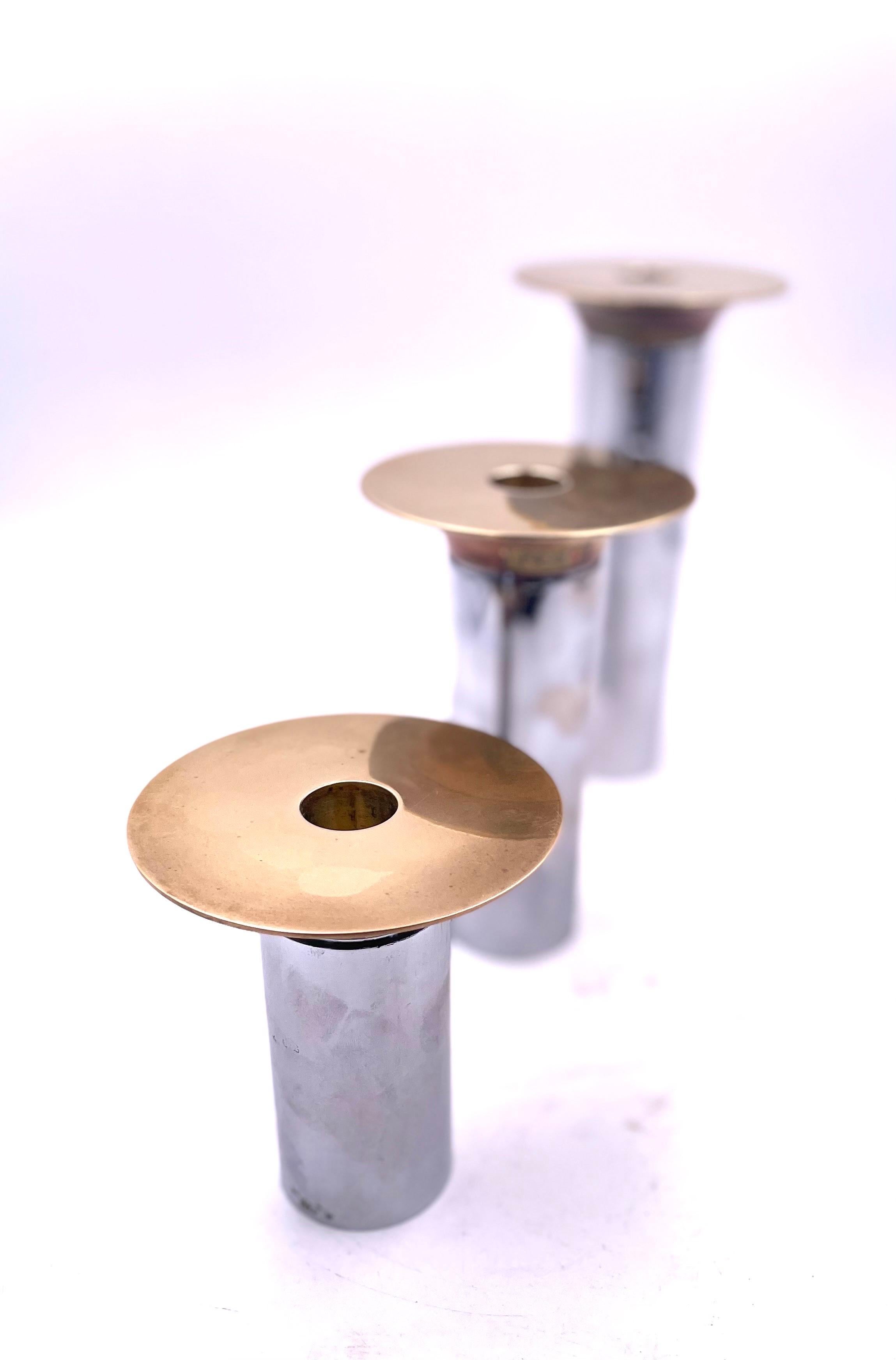 20th Century Set of 3 Danish Modern Brass & Steel Plated Candle Holders by Toben Orskov