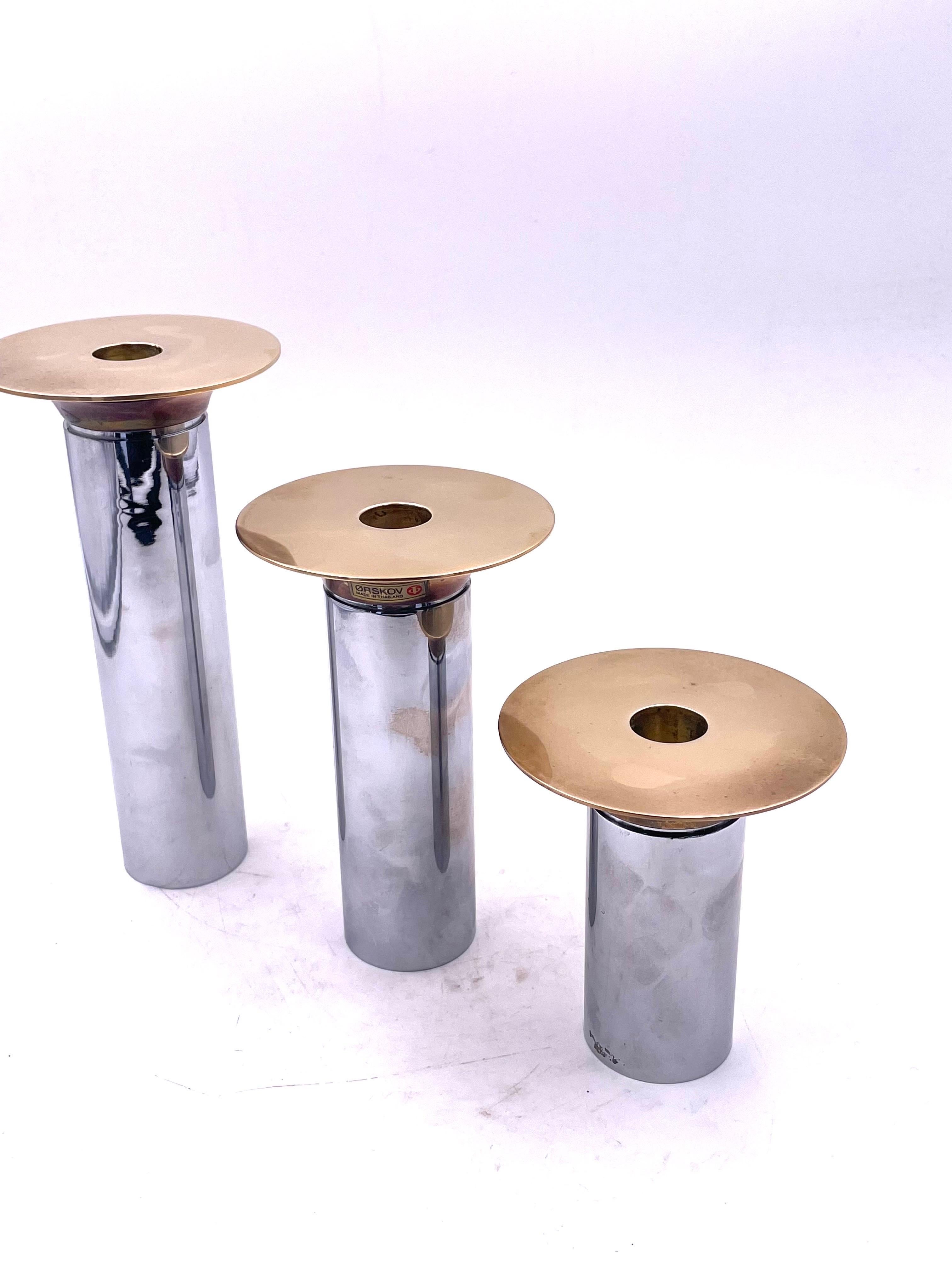 Set of 3 Danish Modern Brass & Steel Plated Candle Holders by Toben Orskov 1