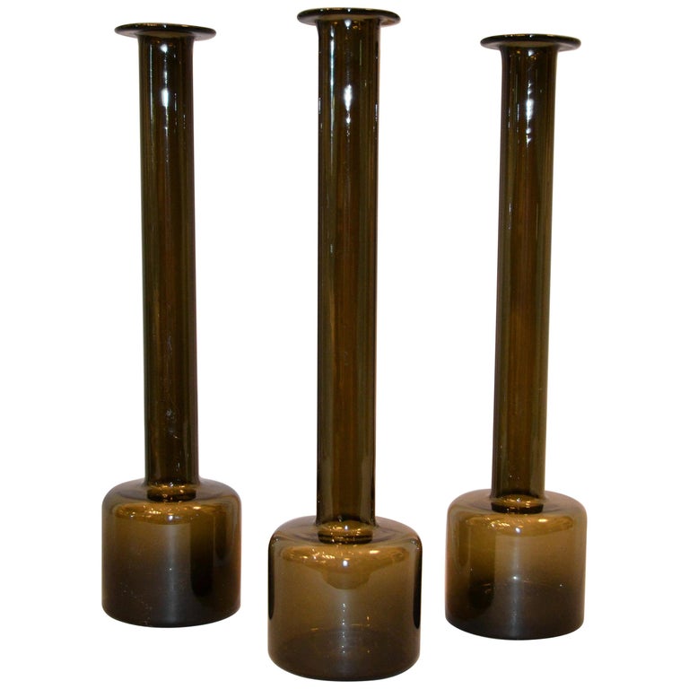 Set of 3 Danish Modern Tall Hand Blown Smoke Black Glass Vases For Sale