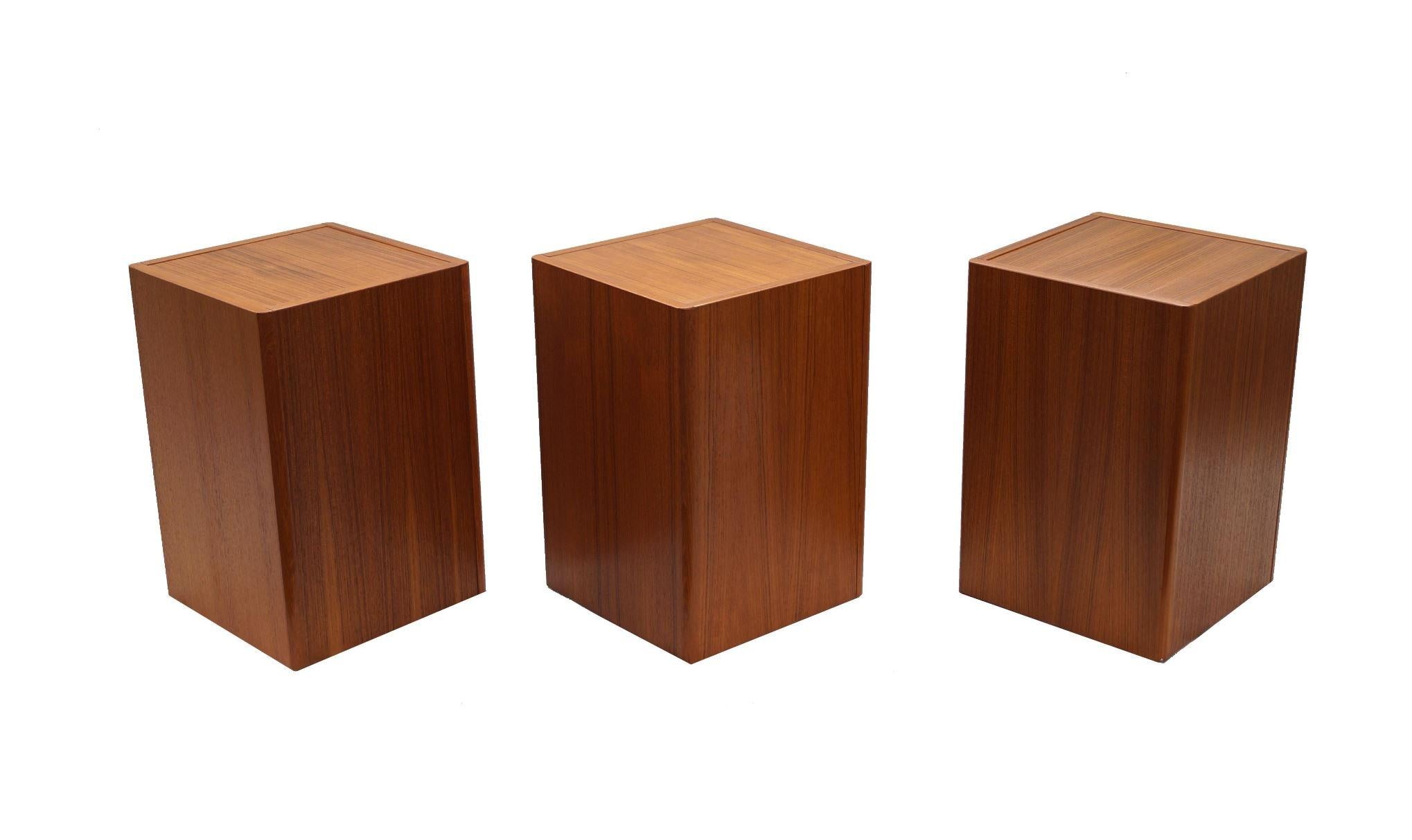 Danish modern set of 3  teak pedestals , plant stands , small side or accent tables
If you are in the New Jersey, New York City Metro Area, please contact us with your delivery zipcode, as we may be able to deliver curbside for less than the