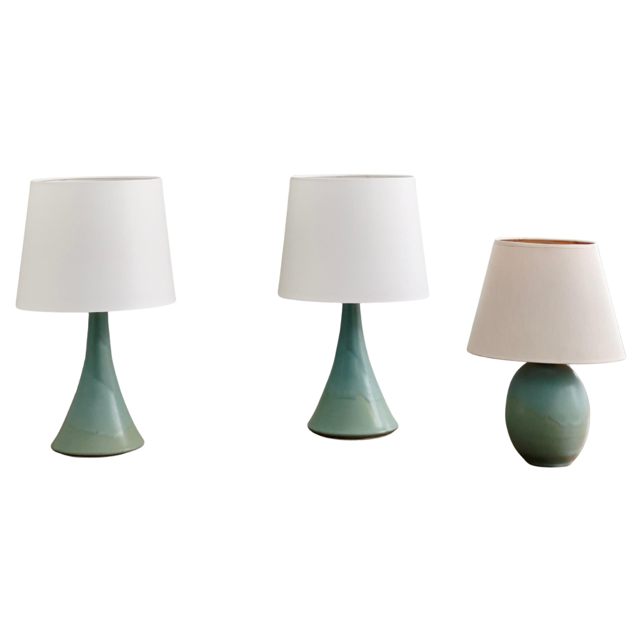 Set of (3) robust Preben Brandt Larsen turquoise ceramic table lamps.Denmark1970