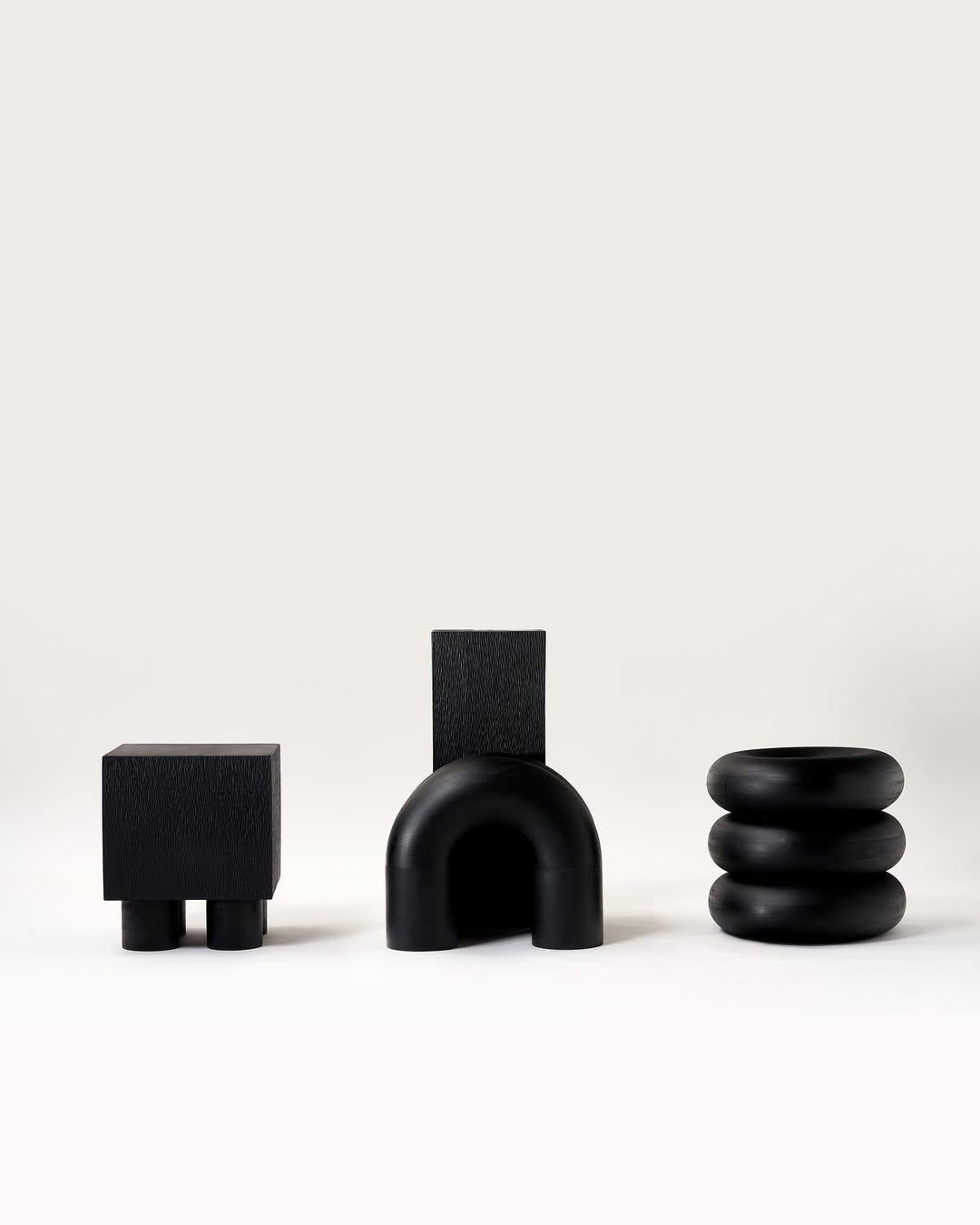 Set of 3 Dark Black Wood Seating Decorative Table, Time of Action, Chaeyoung Lee For Sale 4
