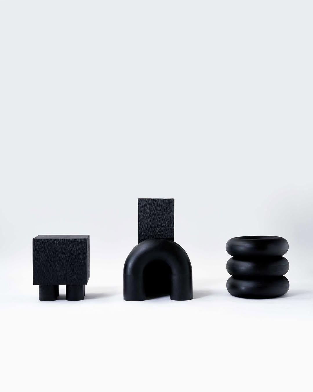 Set of 3 Dark Black Wood Seating Decorative Table, Time of Action, Chaeyoung Lee For Sale 6