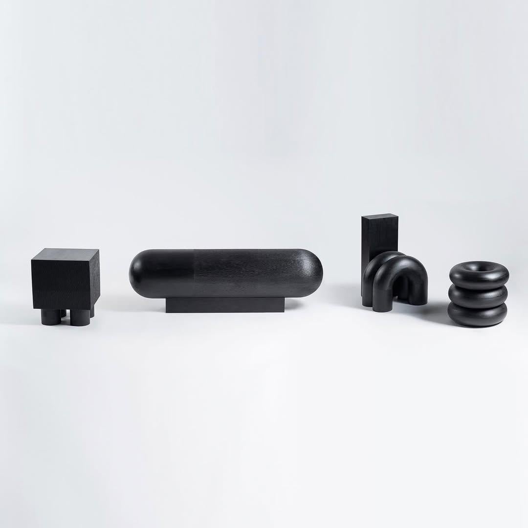 Set of 3 Dark Black Wood Seating Decorative Table, Time of Action, Chaeyoung Lee For Sale 7