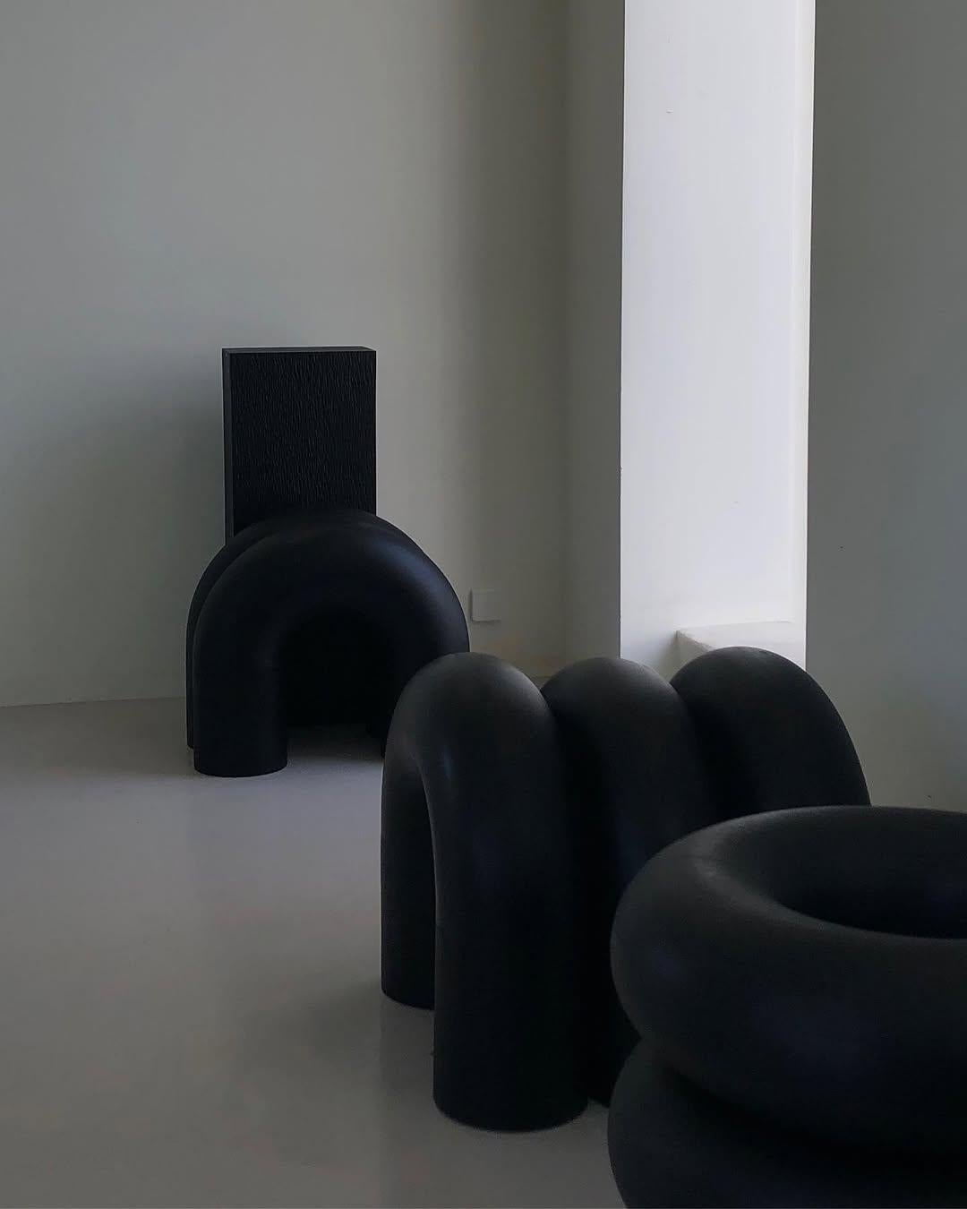 Set of 3 Dark Black Wood Seating Decorative Table, Time of Action, Chaeyoung Lee For Sale 1