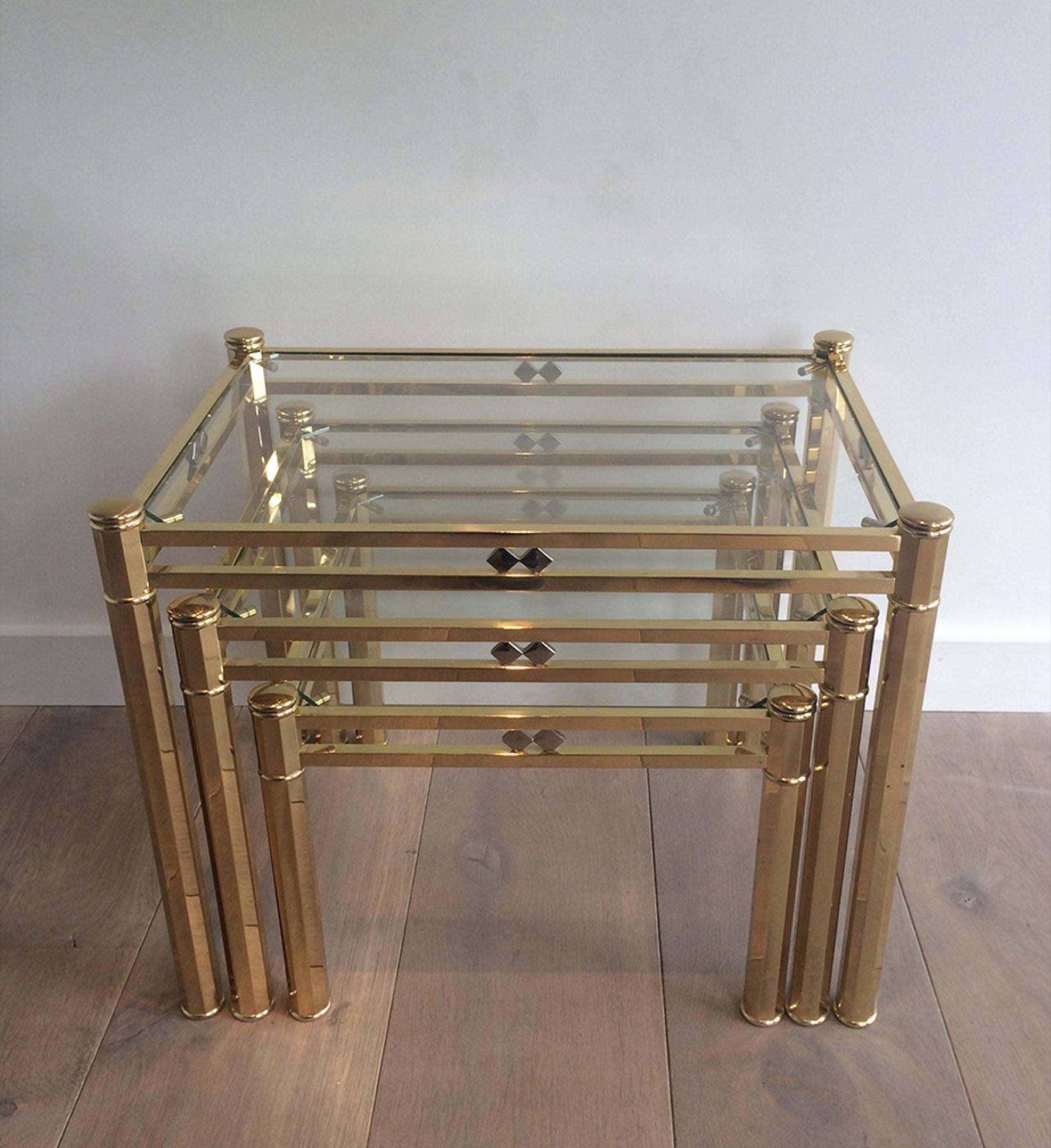 Late 20th Century Set of 3 Decorative Brass Nesting Tables, circa 1970 For Sale
