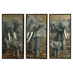 Set of 3 decorative panels “The March of the Elephants” signed